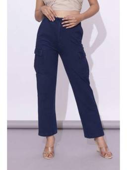MLADA - Womens Flap Pocket Mid Rise Stretchable Solid Denim Cargo Pants - Blue