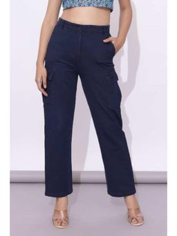 MLADA - Womens Flap Pocket Mid Rise Stretchable Solid Denim Cargo Pants - Navy Blue