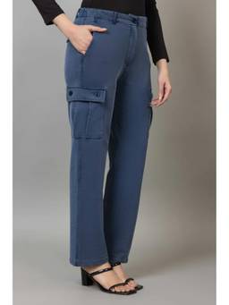 MLADA - Womens Flap Pocket Mid Rise Stretchable Solid Denim Cargo Pants - Aqua