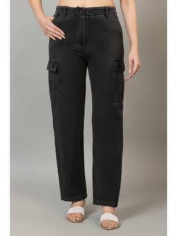 MLADA - Womens Flap Pocket Mid Rise Stretchable Solid Denim Cargo Pants - Grey