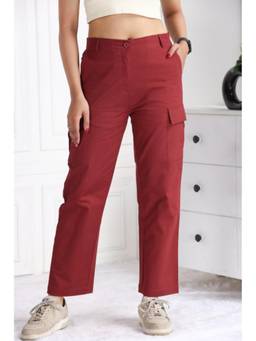 MLADA - Womens High Waist Stretchable Cotton Straight Cargo Pant - Wine