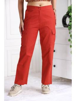 MLADA - Womens High Waist Stretchable Cotton Straight Cargo Pant - Red