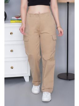 MLADA - Womens High Waist Stretchable Cotton Straight Cargo Pant - Beige
