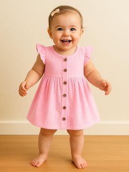Moms Home - Organic Cotton Ribbed Girls Frock, Pink