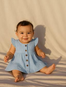 Moms Home - Organic Cotton Ribbed Girls Frock, Blue