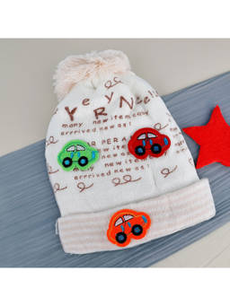 Baby Moo - Car Pom Pom Breathable Beanie Warm Knitted Woollen Cap - Cream
