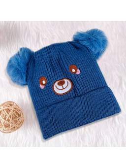 Baby Moo - Bear Pom Pom Breathable Beanie Warm Knitted Woollen Cap - Blue