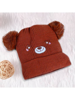 Baby Moo - Bear Pom Pom Breathable Beanie Warm Knitted Woollen Cap - Brown