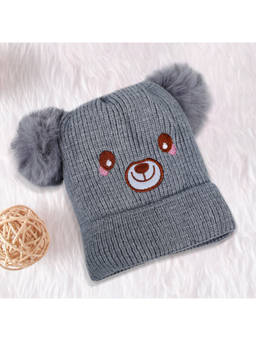 Baby Moo - Bear Pom Pom Breathable Beanie Warm Knitted Woollen Cap - Grey