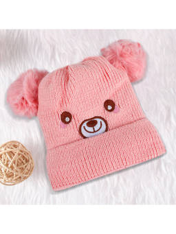 Baby Moo - Bear Pom Pom Breathable Beanie Warm Knitted Woollen Cap - Pink