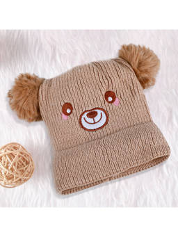 Baby Moo - Bear Pom Pom Breathable Beanie Warm Knitted Woollen Cap - Tan