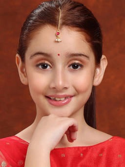 Ruby Raang Studio - Maroon Gold Plated Tear Drop Shaped Kundan Maang Tikka with Jhallar Pearls
