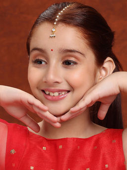 Ruby Raang Studio - White Gold Plated Tear Drop Shaped Kundan Maang Tikka with Jhallar Pearls