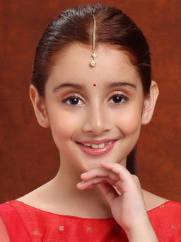 Ruby Raang Studio - Gold Plated Square Shaped Kundan Maang Tikka with Pearls Bead Drop