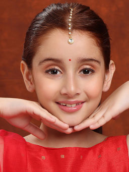 Ruby Raang Studio - White Gold Plated Brass Round Kundan Maang Tikka with Pearl String