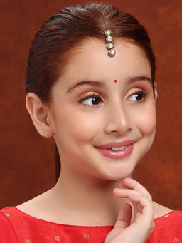 Ruby Raang Studio - Silver Gold Finish Brass Round Kundan Maang Tikka