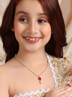 Ruby Raang Studio - Maroon Kundan Pearl Necklace in Hexagon Shape Gold Plated Brass