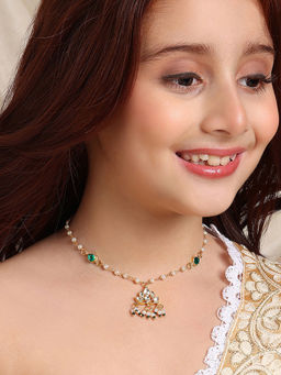 Ruby Raang Studio - Kundan Green Stone Necklace in Gold Plated Brass with Pearls