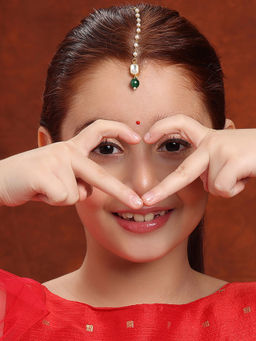 Ruby Raang Studio - Green Drop and Pearls in Hexagon Shape Gold Plated Brass Maang Tikka