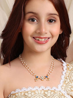Ruby Raang Studio - Kundan Green Stone Necklace in Gold Plated Brass with Pearls
