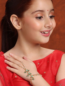 Ruby Raang Studio - Girls Gold Plated Brass with Pearls Kundan Mint Green Stone Haath Phool