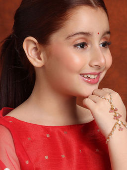 Ruby Raang Studio - Girls Gold Plated Brass with Pearls Kundan Blush Pink Stone Haath Phool