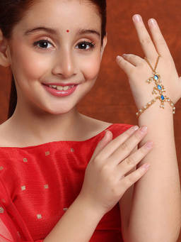 Ruby Raang Studio - Girls Gold Plated Brass with Pearls Kundan Blue Stone Haath Phool