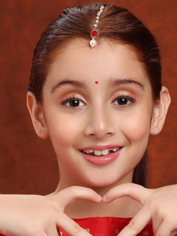 Ruby Raang Studio - Maroon Drop and Pearls Hexagon Shape Gold Plated Brass Maang Tikka