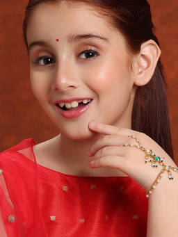Ruby Raang Studio - Girls Gold Plated Brass with Pearls Kundan Green Stone Haath Phool