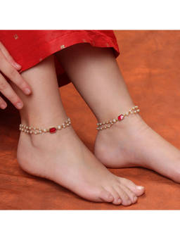 Ruby Raang Studio - Gold Plated Brass Kundan Maroon Stone Anklets