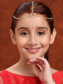 Ruby Raang Studio - Gold Plated Brass with Pearls Kundan Matha Patti with Maang Tikka