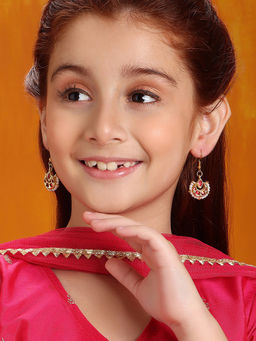 Ruby Raang Studio - Red Stone Kundan Loop Earrings in Gold Plated Brass