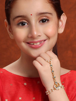 Ruby Raang Studio - Girls Gold Plated Brass with Pearls Kundan Stone Haath Phool