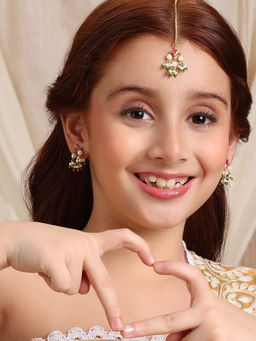 Ruby Raang Studio - Maroon Kundan in Gold Plated Brass Tear Drop Shaped Maang Tikka and Earrings Set