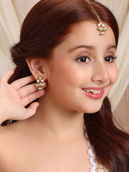 Ruby Raang Studio - White Kundan in Gold Plated Brass Tear Drop Shaped Maang Tikka and Earrings Set