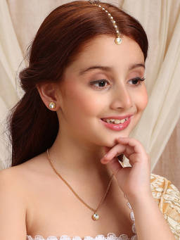 Ruby Raang Studio - Gold Plated Kundan Round Necklace and Earrings with Maang Tikka