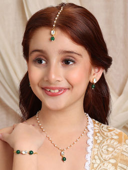 Ruby Raang Studio - Gold Plated Kundan Green Stone Necklace and Earrings with Maang Tikka and Bracelet