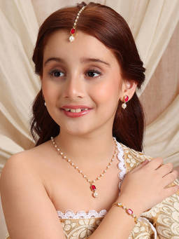 Ruby Raang Studio - Gold Plated Kundan Maroon Necklace and Earrings with Maang Tikka and Bracelet