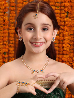 Ruby Raang Studio - Ruby Raang Kids Kundan Blue Stone Jewellery Set in Gold Plated Brass with Pearls