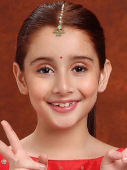 Ruby Raang Studio - Mint Green Bead in Gold Plated Brass Tear Drop Shaped Maang Tikka with Jhallar