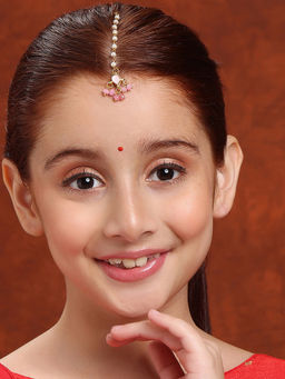 Ruby Raang Studio - Pink Blush Bead in Gold Plated Brass Tear Drop Shaped Maang Tikka