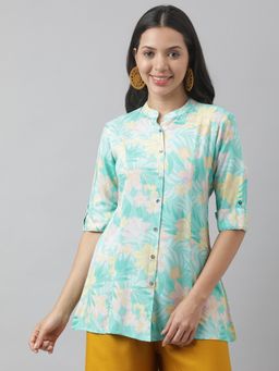 Divena - Sea Green Floral Printed Rayon A-Line Shirt Style Top