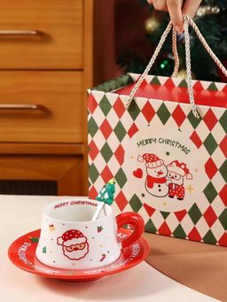 Little Surprise Box - White Big Santa Christmas Themed Ceramic Cup & Saucer with Spoon