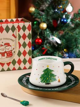 Little Surprise Box - White Christmas Tree Ceramic Cup & Saucer with Spoon