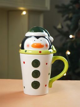 Little Surprise Box - White Buttoned Penguin Lid Ceramic Christmas Mug