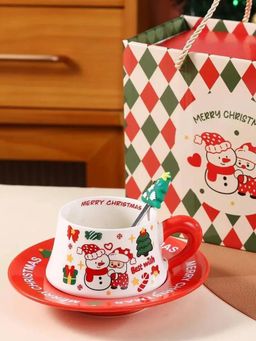 Little Surprise Box - White Christmas Themed Ceramic Cup & Saucer with Spoon