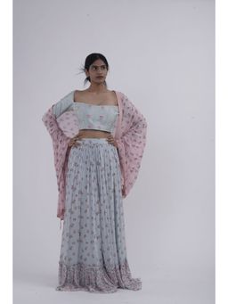 Journal By Pranay - Pastel Blue Embroidered Printed Lehenga With Choli & Dupatta (Set of 3)