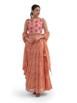 Journal By Pranay - Peach Embroidered And Printed Tiered Lehenga With Choli & Dupatta (Set of 3)