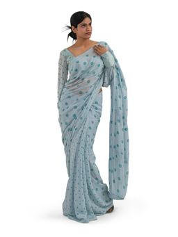 Journal By Pranay - Pastel Blue Polka Muslin Silk Saree With Stitched Blouse