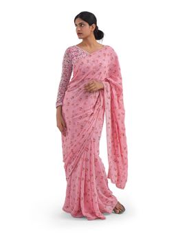 Journal By Pranay - Pastel Pink Floral Muslin Silk Saree With Stitched Blouse